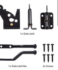 Heavy Duty Self Locking Gate Latch Built Tough For Wood Or Metal Backyard Gates showing gate latch, latch bar, and screws.