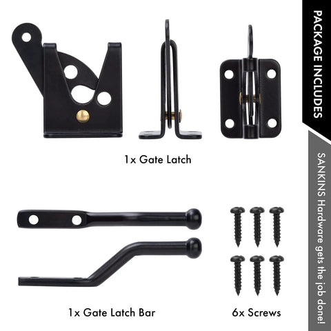 Heavy Duty Self Locking Gate Latch Built Tough For Wood Or Metal Backyard Gates showing gate latch, latch bar, and screws.