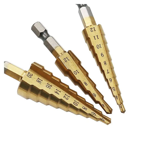 Heavy Duty Hss Straight Groove Step Cone Drill Bit Set For Wood And Metal, gold-colored, multi-size, precision cutting edges.