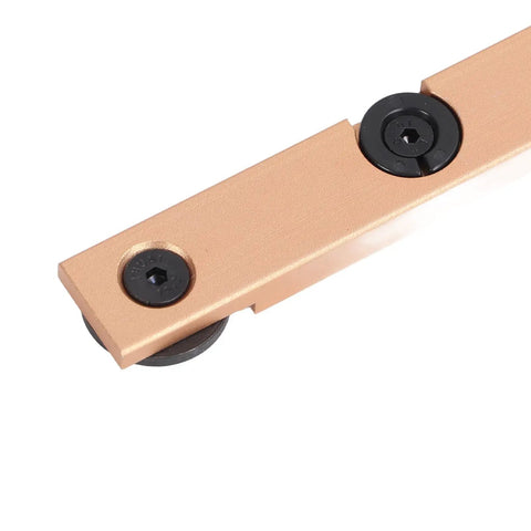 Close-up of Heavy Duty Aluminum Miter Gauge With Integrated Track Stop and Etched Scale Ruler, showing precision rolling wheels.