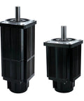 AC servo motors, two black finned housings with protruding shafts (front view).
