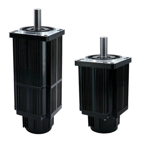 AC servo motors, two black finned housings with protruding shafts (front view).