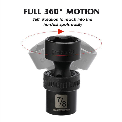 One Half Inch Drive Shallow Impact Universal Joint Swivel Socket Set SAE Seven Sixteenths To One And One Quarter Inch Flexible Wobble