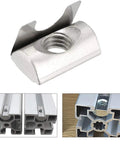 High Strength M5 Roll In Spring T Nuts With Spring Sheet For 4040 Aluminum Profile Slot, Nickel Plated Carbon Steel Heavy Duty Hardware Fasteners shown with mounting detail.