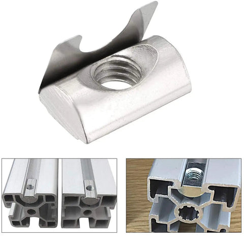 High Strength M5 Roll In Spring T Nuts With Spring Sheet For 4040 Aluminum Profile Slot, Nickel Plated Carbon Steel Heavy Duty Hardware Fasteners shown with mounting detail.