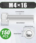 M4x16mm Hex Socket Cap Head Screws Set 150 Pieces, 304 Stainless Steel Metric Machine Screws With Wrench, Dimensions Display