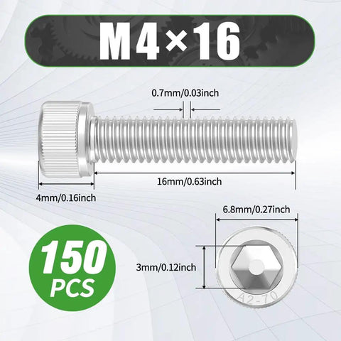 M4x16mm Hex Socket Cap Head Screws Set 150 Pieces, 304 Stainless Steel Metric Machine Screws With Wrench, Dimensions Display