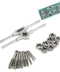 Premium Alloy Steel Tap And Die Set Includes 20 To 40 Precision Threading Tools Plus Wrench For Professional Repairs And DIY Projects In Tight Spaces With Tough Durable Construction You Can Rely On. Alloy steel tap and die set with wrench, dies, and taps laid out on white.