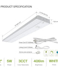 Specifications sheet of No-Fuss 12 Inch LED Under Cabinet Lighting, Plug-In or Hardwired, Dimmable With High Low Off Switch, White Finish
