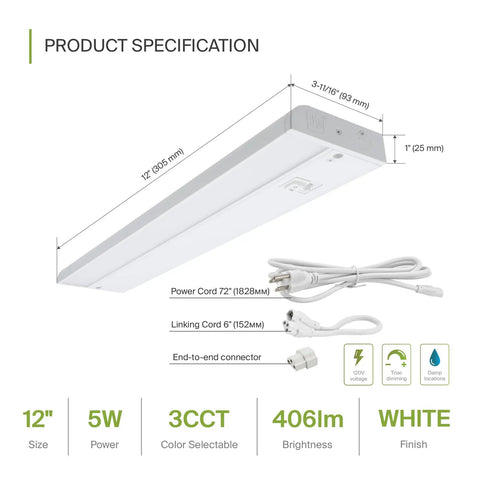 Specifications sheet of No-Fuss 12 Inch LED Under Cabinet Lighting, Plug-In or Hardwired, Dimmable With High Low Off Switch, White Finish