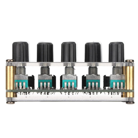 Front view of Compact 4 Channel Stereo Mixer for Home Studio Use, showing knobs on passive live console with 4 inputs and 1 output.