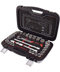 Heavy Duty 31 Piece Socket Wrench Set With One Half Inch Drive Ratchet and organized toolbox with sockets open view.