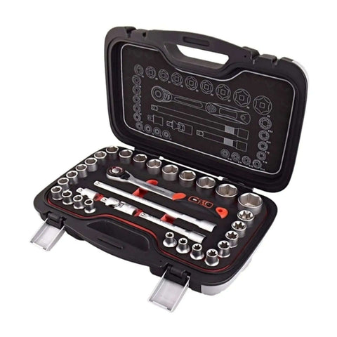 Heavy Duty 31 Piece Socket Wrench Set With One Half Inch Drive Ratchet and organized toolbox with sockets open view.