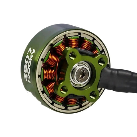 Close-up of 1300KV Brushless FPV Drone Motor with green aluminum housing and copper coils, ideal for 3-6S LiPo 7 inch quad DIY.