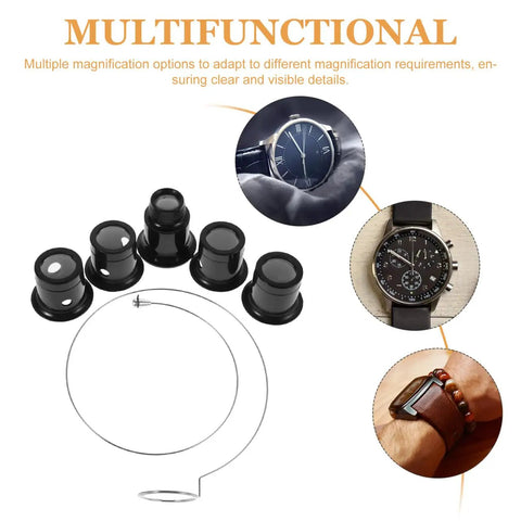 Five Piece Jewelers Loupe Set With Holder 3X 5X 10X 15X 20X Monocular Magnifiers shown with watches