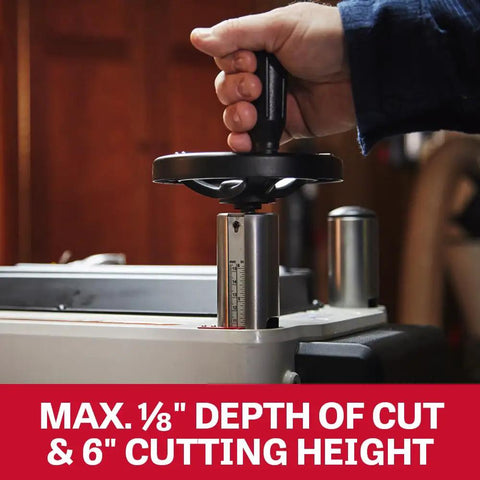 Heavy Duty 15 Inch Thickness Planer 3HP 230V Powerhouse with depth adjustment knob showing max 1/8 inch depth of cut and 6 inch height.