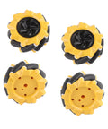 Mecanum wheels, 80mm yellow with black rubber omni rollers, set of four for DIY robot building blocks