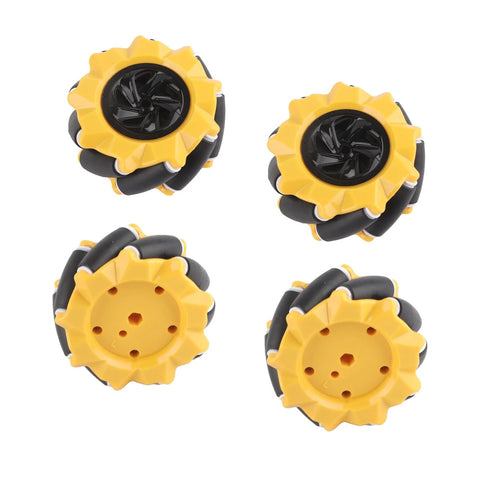 Mecanum wheels, 80mm yellow with black rubber omni rollers, set of four for DIY robot building blocks