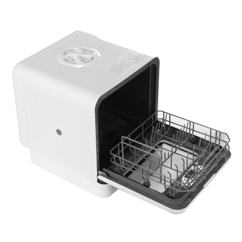 Mini Countertop Dishwasher Features No Muss No Fuss Hookup Dual Spray Arms showing opened door and dish rack.