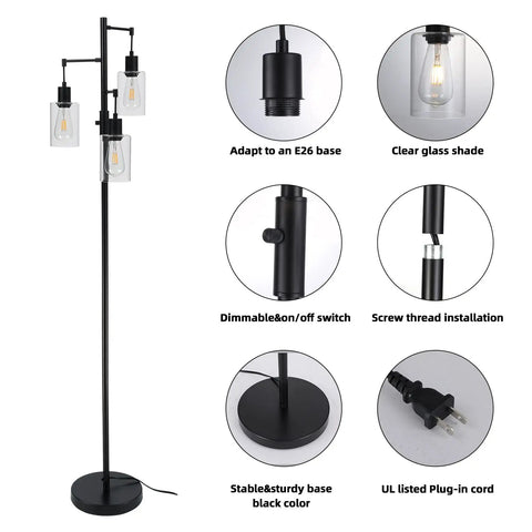 Three Light Industrial Floor Lamp With Glass Shades For Living Room Dope Vibe with features and black base