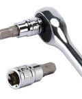 Chrome metallic tools from the 33 Piece Hex Bit Socket Set Master Kit with S2 and Cr-V Steel, featuring ratchet and sockets detail.
