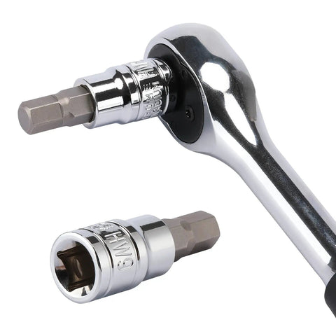 Chrome metallic tools from the 33 Piece Hex Bit Socket Set Master Kit with S2 and Cr-V Steel, featuring ratchet and sockets detail.