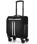 Black 16 inch underseat carry on luggage with spinner wheels, water resistant PVC softside travel bag, airline approved for men women.