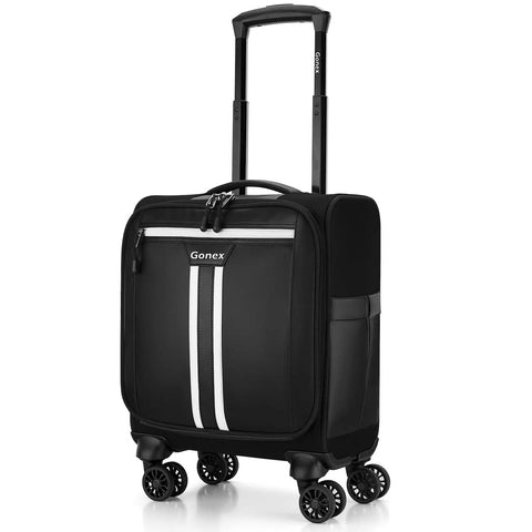 Black 16 inch underseat carry on luggage with spinner wheels, water resistant PVC softside travel bag, airline approved for men women.