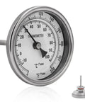 3 Inch Dial Kettle Thermometer With 2 Inch Probe Half NPT Stainless Steel Dual Scale Fahrenheit Celsius For Home Brewing No Fuss Quick Install On Your Brew Pot Food Safe Temperature Gauge, front view