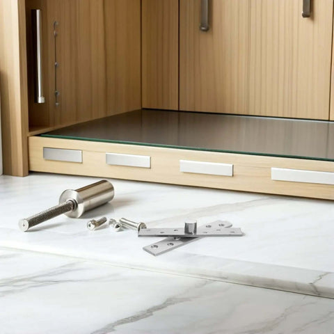 Six Pack 360 Degree Concealed Door Pivot Hinges For Wood Cabinets displayed with screws in front of wooden cabinet.