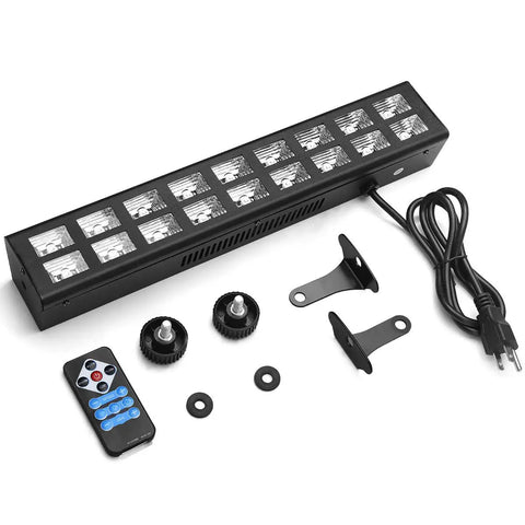 Ultra Bright 54W 18 LED UV Black Light Bar With Remote Control, power cord, and mounting accessories for glow space lighting.