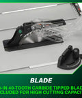 Close-up of Beast Mode 10 Inch Table Saw With 15 Amp Motor blade and angle gauge on table.