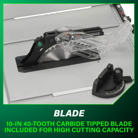 Close-up of Beast Mode 10 Inch Table Saw With 15 Amp Motor blade and angle gauge on table.