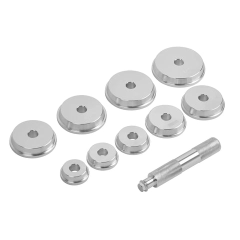Nine Tool Wheel Bearing Race Seal Driver Installer Kit for Cars Trucks and SUVs, showing nine anodized aluminum drivers and handle.