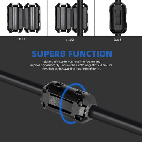 Black Clip-On Ferrite Ring Core Set With 28 Cable Clips In Five Sizes Plus Two Toroid Cores And Two Ferrite Cores For RFI EMI Noise Suppression on cable.