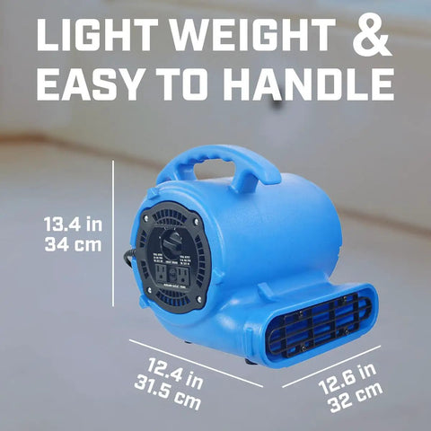 Side view of 1/4 HP 900 CFM Air Mover Carpet Dryer Floor Fan with dimensions and handle, heavy duty blower for commercial use.
