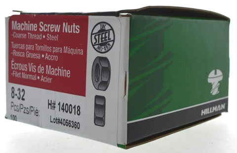One Hundred Pack Of 8 32 Coarse Thread Hex Machine Screw Nuts Zinc Plated Grade 2 Steel Fasteners in box.