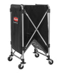 Collapsible X Cart with Wheels 8 Bushel Steel Laundry Cart Heavy Duty Black Utility Cart, folded view with rust-resistant frame