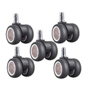 Five Pack Twin Roller Caster Wheels Built For Smooth Cruising On Your Home Office Rig Featuring Dead Silent TPR Rubber Glide Straight Shoot 11 Mm Stem Install with black rubber wheels.