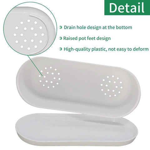 Detail view of drip tray features for Five Pack White Herb Planter Boxes With Drip Trays Eight Point Five Inch Small Oval Window Planters