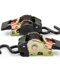 Beefed Up Retractable Transom Tie Down Strap For Boats Bolt On Design One Inch Wide By Five And A Half Feet Long One Thousand Five Hundred Pound Break Strength Durable Corrosion Resistant Gear To Lock Your Boat Down While Traveling two straps on white background