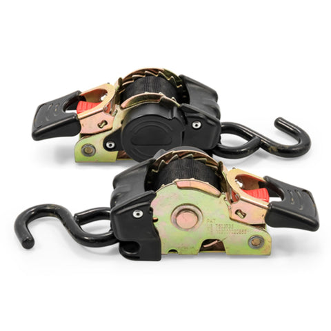 Beefed Up Retractable Transom Tie Down Strap For Boats Bolt On Design One Inch Wide By Five And A Half Feet Long One Thousand Five Hundred Pound Break Strength Durable Corrosion Resistant Gear To Lock Your Boat Down While Traveling two straps on white background