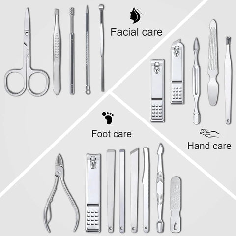 18 Piece Stainless Steel Nail Care Tools Set for Men and Women with PU Leather Travel Case Professional Manicure Pedicure Kit Including Nail Clippers and Tweezers arranged by use