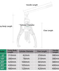 Heavy Duty Hydraulic Gear Puller Kit With Tough Three Jaw Design dimensions chart showing parts and sizes for garage rigs.