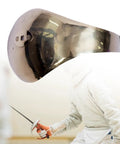 Foil And Epee Hand Guard Replacement Plate For Competition, gold finish, shown with fencer in action, 13cm stainless steel