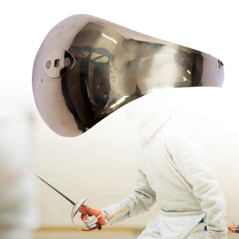 Foil And Epee Hand Guard Replacement Plate For Competition, gold finish, shown with fencer in action, 13cm stainless steel
