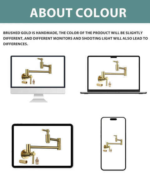 Gold Brass Pot Filler Faucet With Two Handles Wall Mount Single Hole Stretchable Swing Arm Double Joint Above Stove