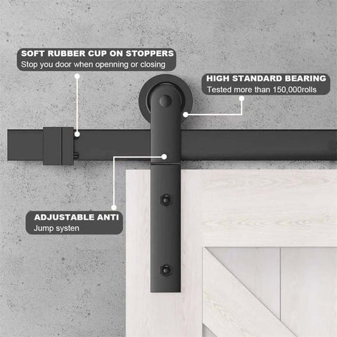 Close-up of anti-jump rollers on black bypass sliding barn door hardware track with bent hanger system, 7ft for wood or concrete walls.