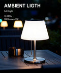 Solar Powered Outdoor Table Lamp With 3 Way Dimmable LED on patio table, lit, cordless with pull chain in outdoor setting