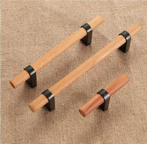 Black Wooden Drawer Pulls With Aluminum Base 7.09 Inch Length 5.04 Inch Hole Distance Two Pack Two Hole Cabinet Handles